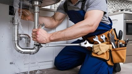 Plumber repairing sink pipes in Sarasota, Florida home