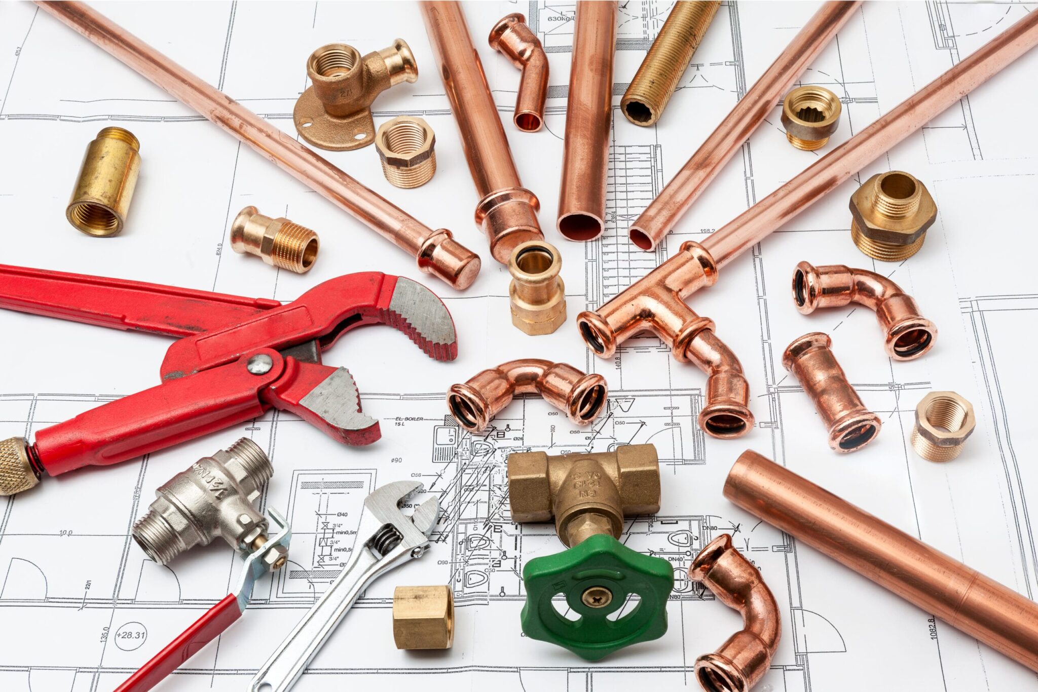 Copper pipes, fittings, valves, and plumbing tools in Sarasota